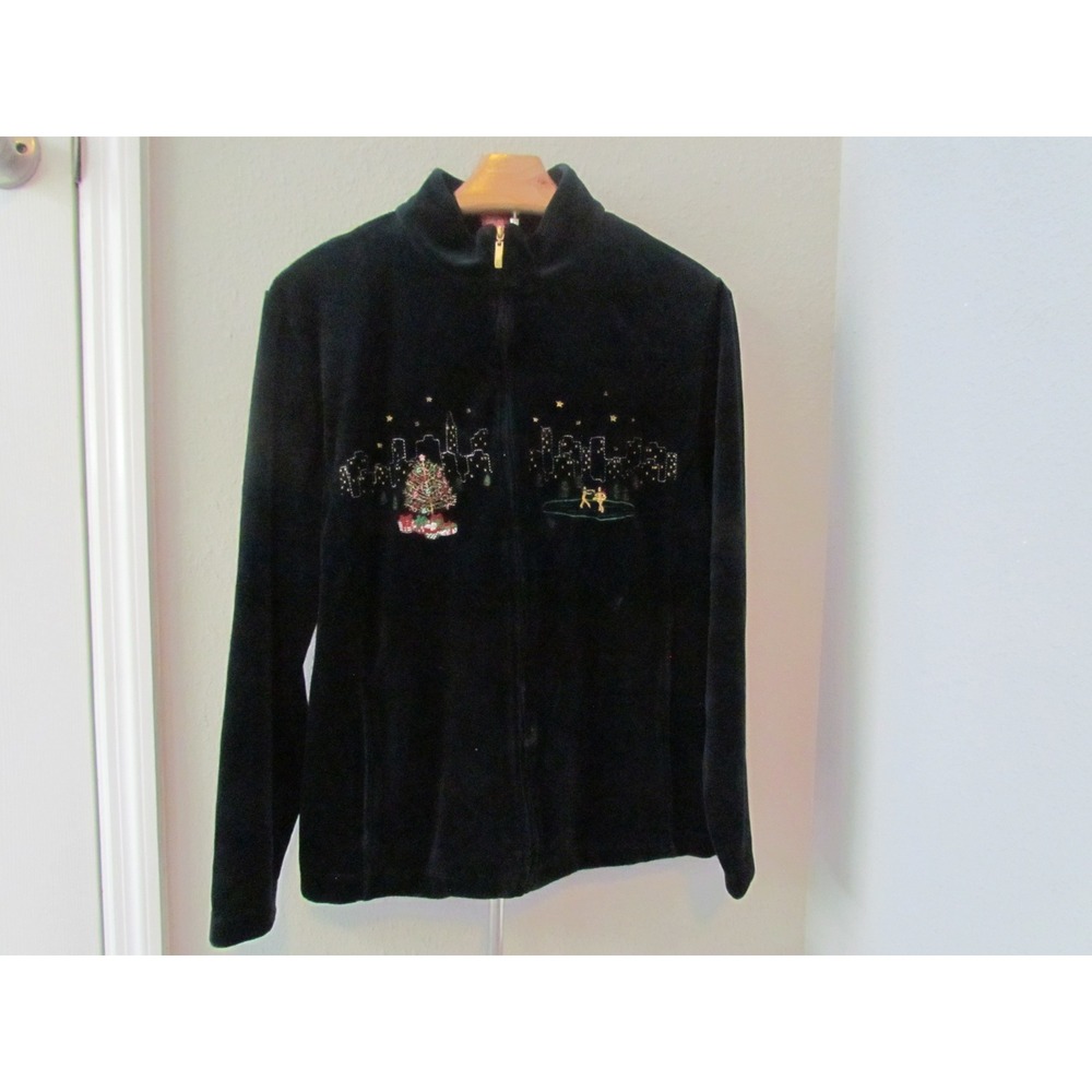 Vintage Merry &‎ Bright Jacket Small Black Velvet Christmas NYC Skyline Skaters